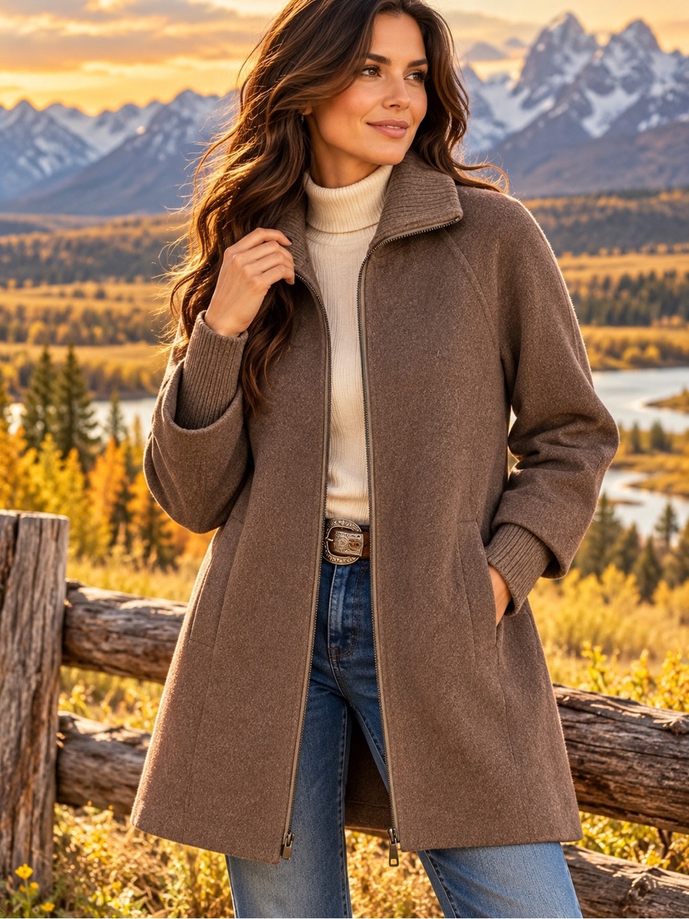 Kinross Cashmere Wool Blend Zip Front Coat Brown Ribbed Cuff Jacket M